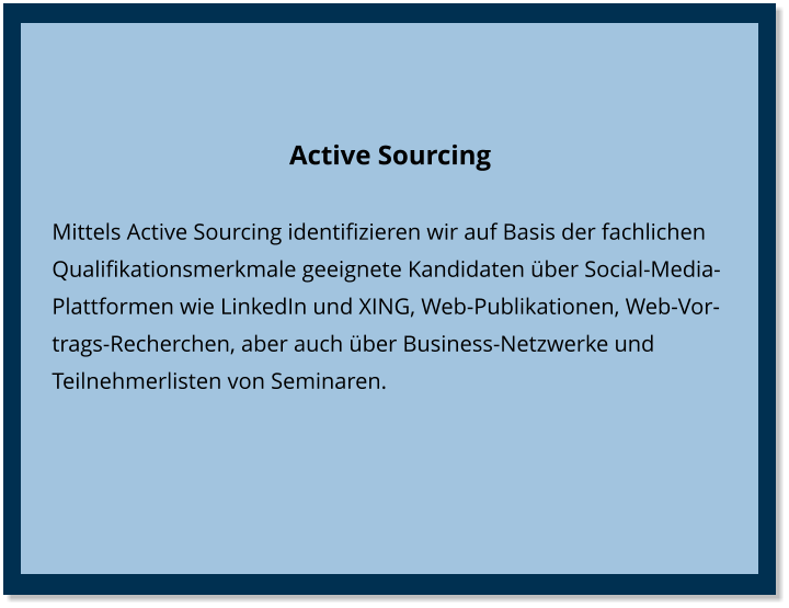 Active Sourcing Mittels Active Sourcing identifizieren wir auf Basis der fachlichen Qualifikationsmerkmale geeignete Kandidaten über Social-Media-Plattformen wie LinkedIn und XING, Web-Publikationen, Web-Vortrags-Recherchen, aber auch über Business-Netzwerke und Teilnehmerlisten von Seminaren.
