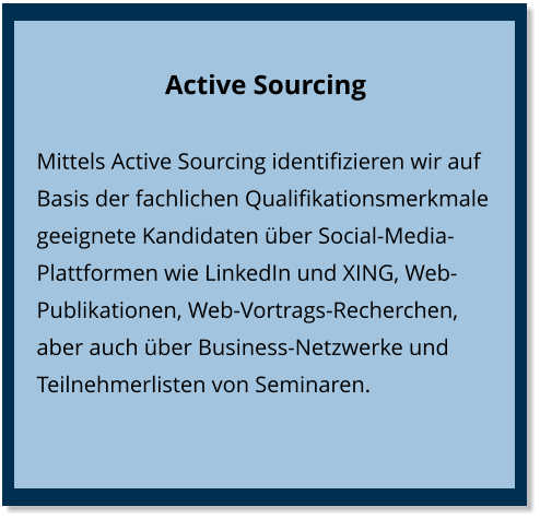 Active Sourcing Mittels Active Sourcing identifizieren wir auf Basis der fachlichen Qualifikationsmerkmale geeignete Kandidaten über Social-Media-Plattformen wie LinkedIn und XING, Web-Publikationen, Web-Vortrags-Recherchen, aber auch über Business-Netzwerke und Teilnehmerlisten von Seminaren.