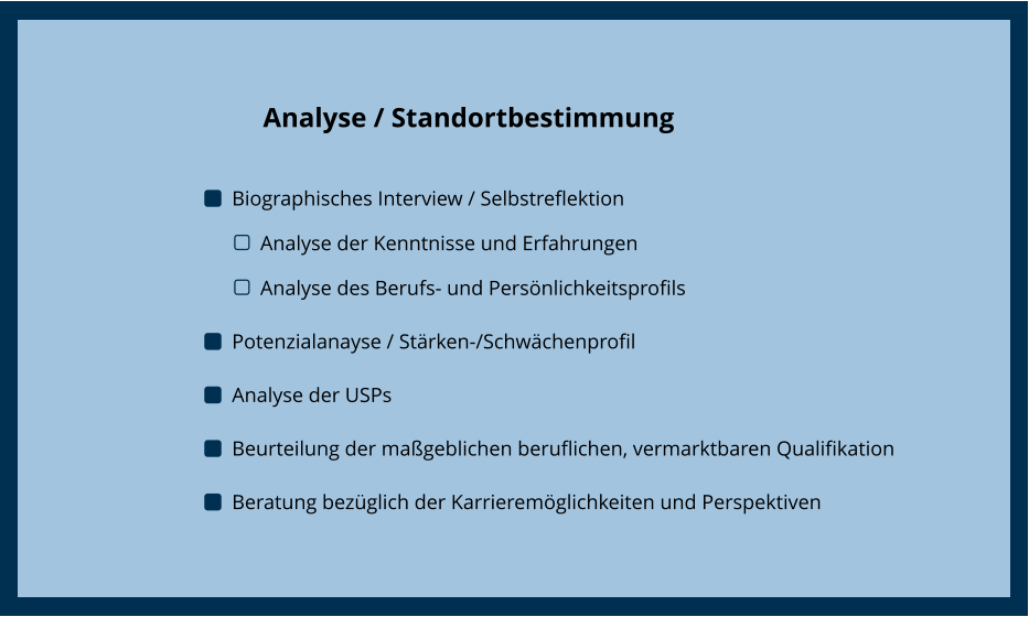 Trennungsbewältigung  	Biographisches Interview / Selbstreflektion 	Analyse der Kenntnisse und Erfahrungen 	Analyse des Berufs- und Persönlichkeitsprofils 	Potenzialanayse / Stärken-/Schwächenprofil 	Analyse der USPs 	Beurteilung der maßgeblichen beruflichen, vermarktbaren Qualifikation 	Beratung bezüglich der Karrieremöglichkeiten und Perspektiven  Analyse / Standortbestimmung